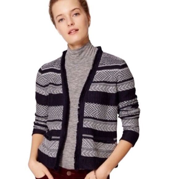 Ann Taylor Loft Womens Cardigan LP 100% Cotton‎ Shrug Blue Open Front Fringe - Picture 1 of 9